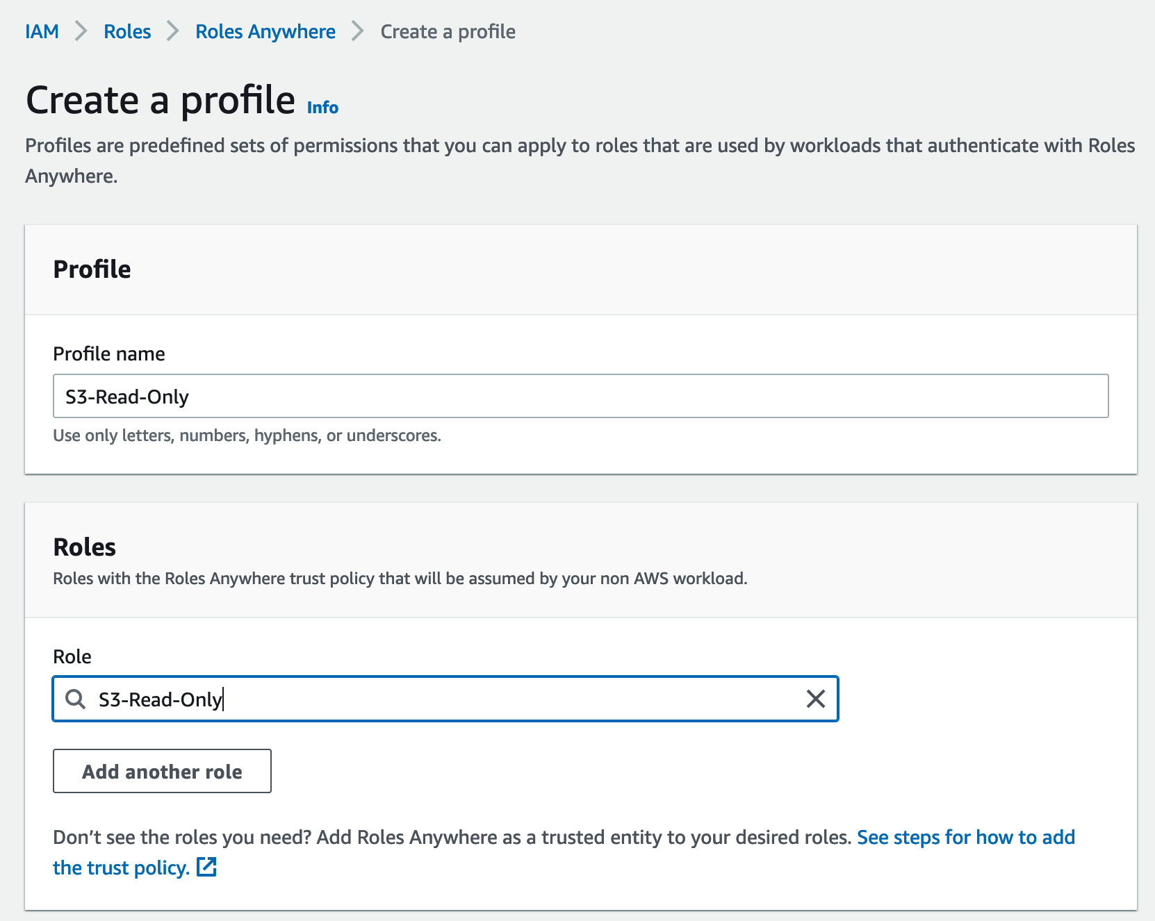 Screenshot: Creating an IAM Roles Anywhere profile in the AWS management console