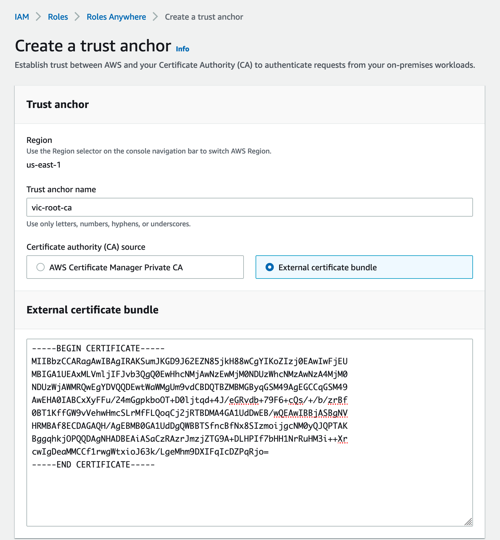 Screenshot: Creating an IAM Roles Anywhere trust anchor in the AWS management console